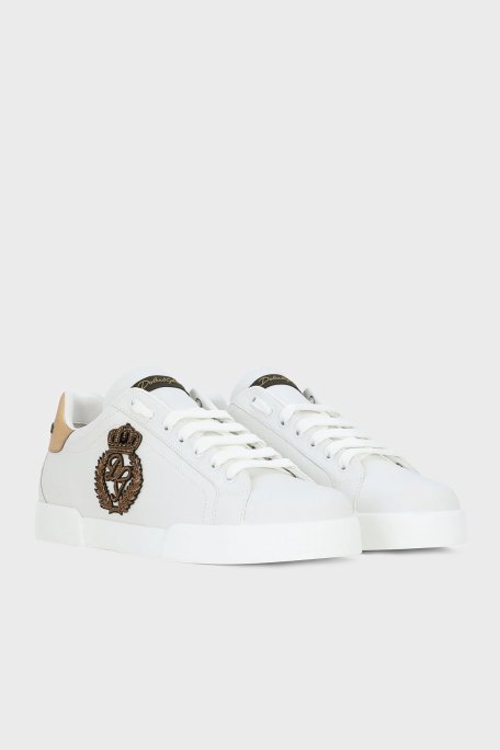 Dolce & Gabbana Taç Logolu Deri Sneaker Erkek Ayakkabı CS2330 AH136 8I047 BEYAZ-GOLD - 2