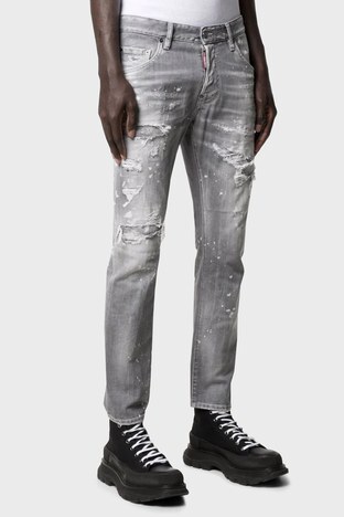 Dsquared2 - Dsquared2 Yırtık Detaylı Slim Fit Pamuklu Jeans Erkek Kot Pantolon S71LB0975 S30260 852 GRİ (1)