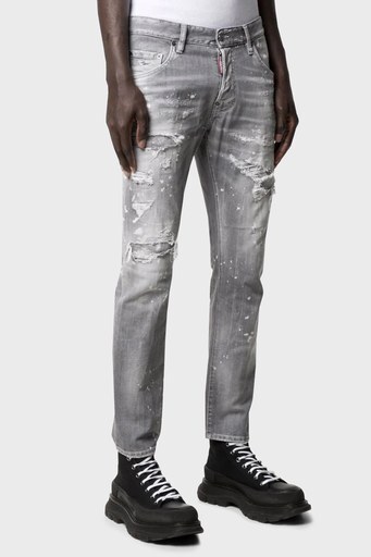 Dsquared2 Yırtık Detaylı Slim Fit Pamuklu Jeans Erkek Kot Pantolon S71LB0975 S30260 852 GRİ