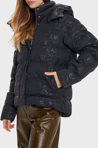 EA7 Kapitoneli Monogram Logo Baskılı Kapüşonlu Şişme Bayan Mont 6DTB12 TNGGZ 1200 SİYAH - 1