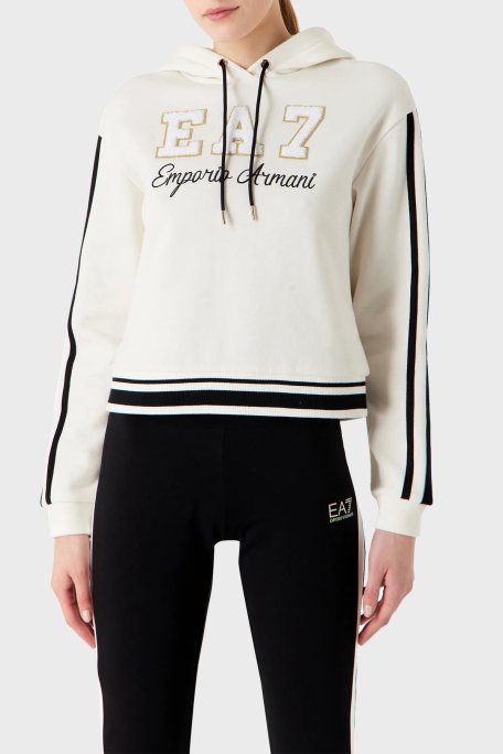 EA7 Kısa Kesimli Kapüşonlu Pamuklu Regular Fit Bayan Sweat 6RTM34 TJPZZ 1130 BEYAZ - 1