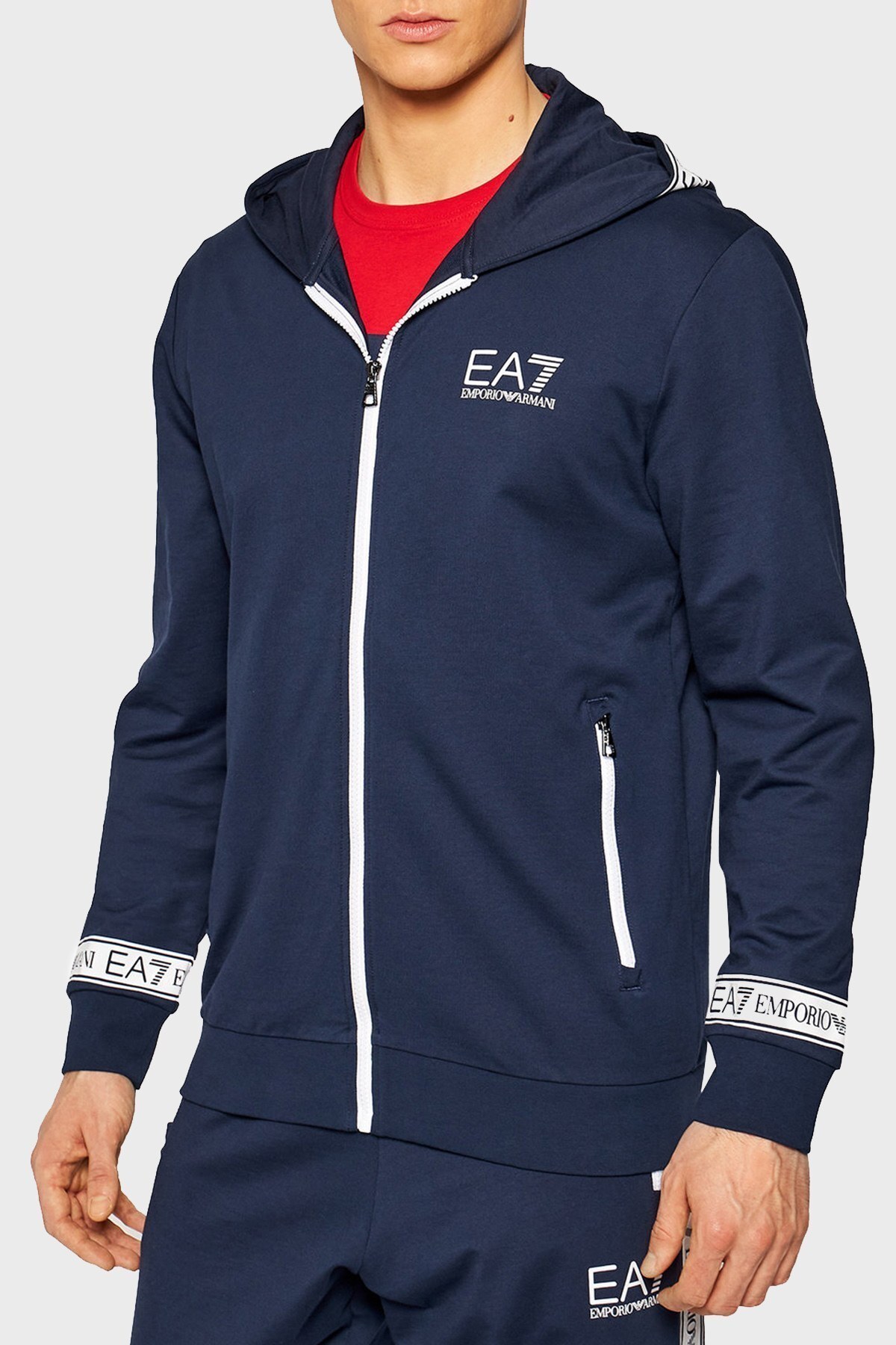 EA7 Logo Bantlı Kapüşonlu % 100 Pamuk Erkek Sweat 3KPM25 PJ05Z 1554 LACİVERT