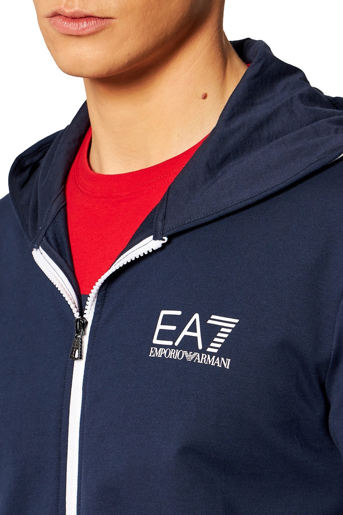 EA7 Logo Bantlı Kapüşonlu % 100 Pamuk Erkek Sweat 3KPM25 PJ05Z 1554 LACİVERT