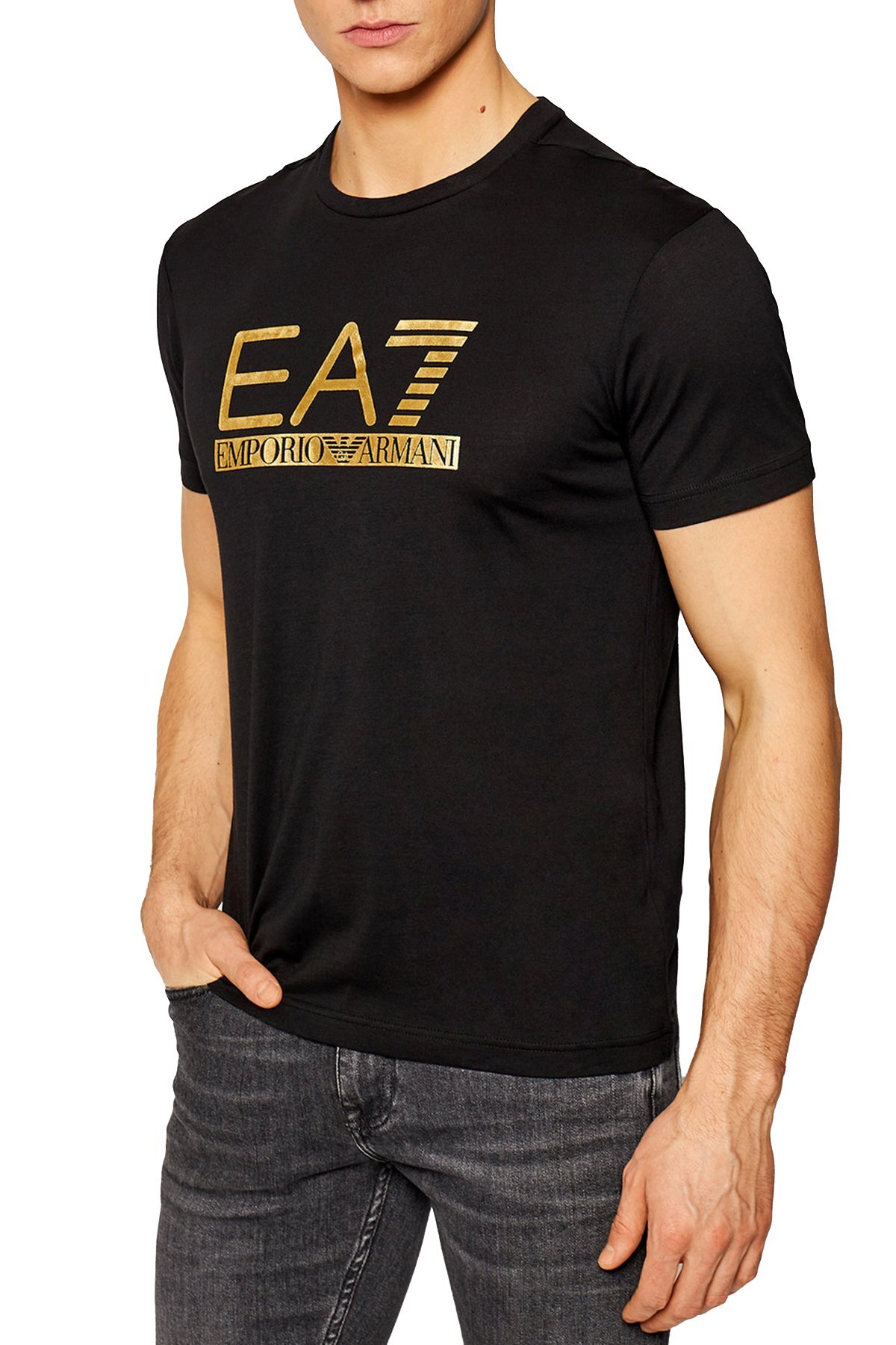 EA7 Logo Baskılı Bisiklet Yaka % 100 Pamuk Erkek T Shirt 3KPT87 PJM9Z 1200 SİYAH