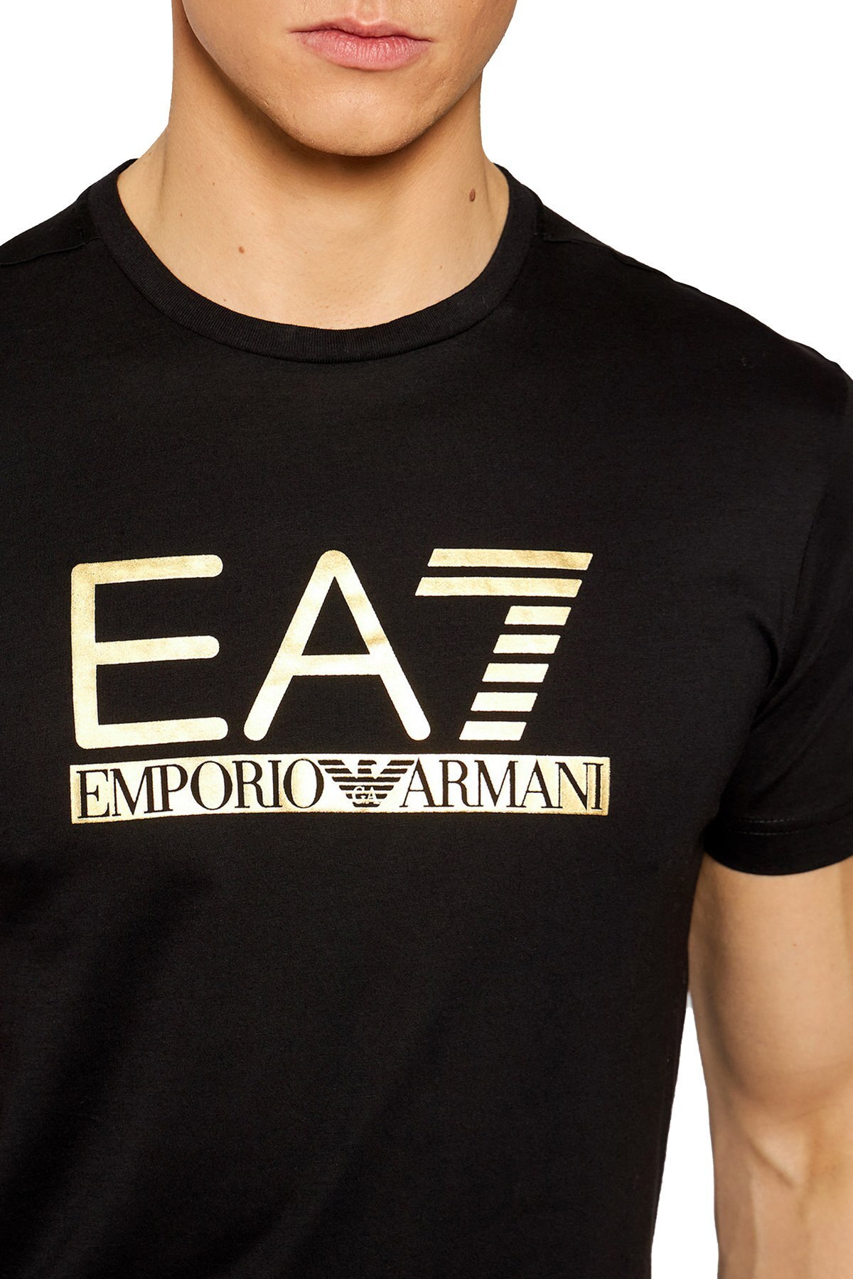 EA7 Logo Baskılı Bisiklet Yaka % 100 Pamuk Erkek T Shirt 3KPT87 PJM9Z 1200 SİYAH