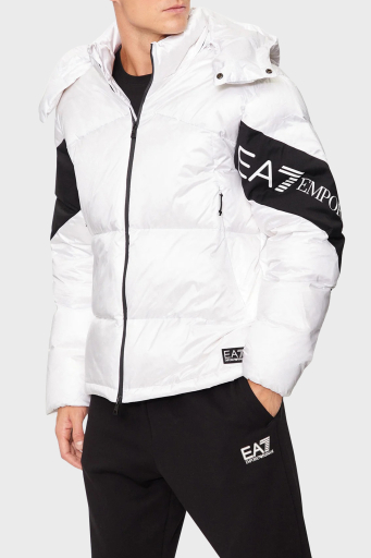 EA7 Logolu Su İtici Rüzgar Geçirmez Oversize Fit Çıkarılabilir Kapüşonlu Şişme Erkek Mont 6DPB33 PNEOZ 1100 BEYAZ - 1