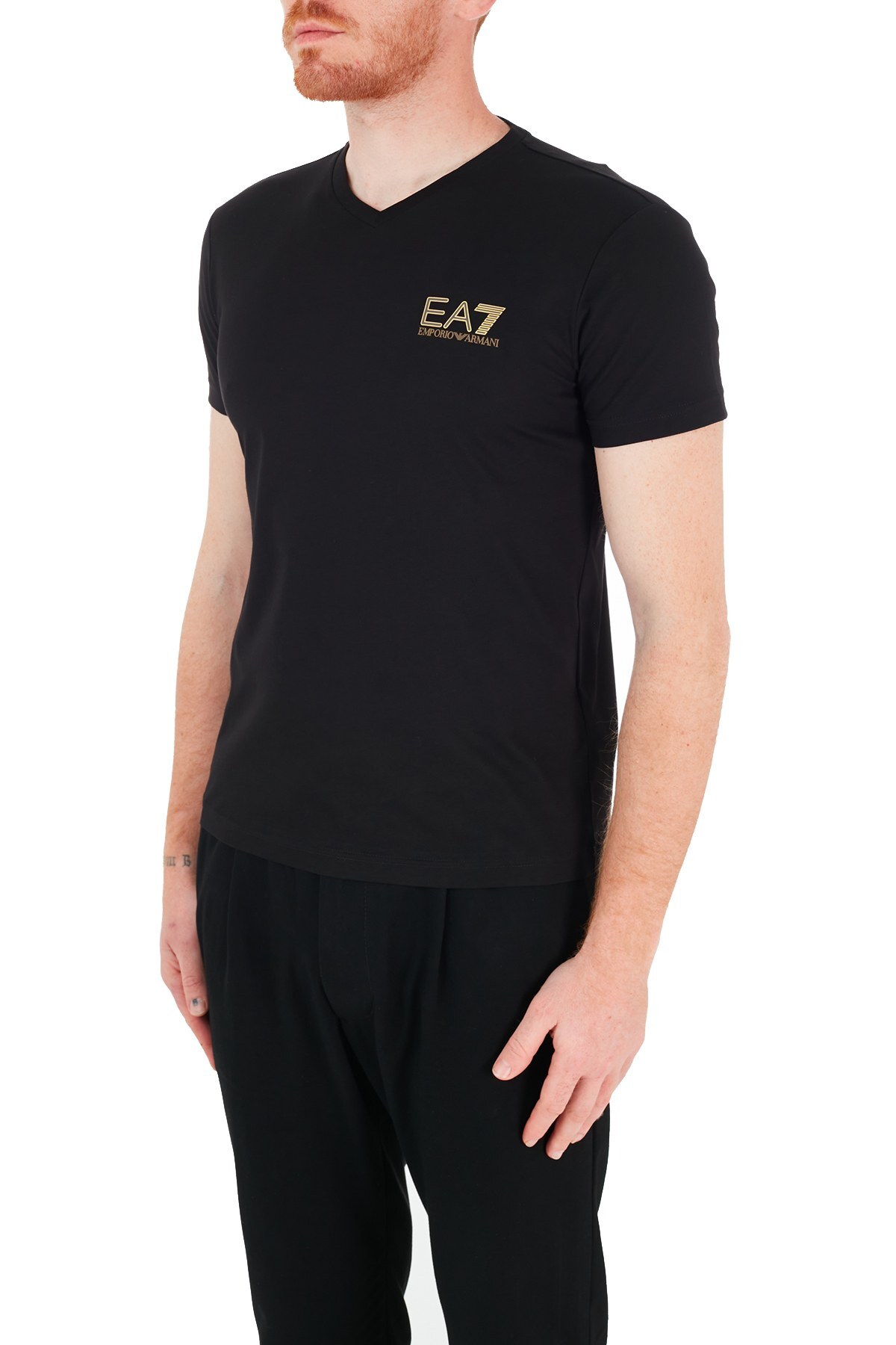 EA7 Marka Logolu V Yaka % 100 Pamuk Erkek T Shirt 3KPT86 PJM9Z 1200 SİYAH