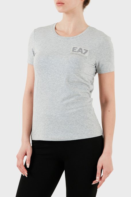 EA7 Taşlı Logolu Streç Pamuklu Regular Fit Yuvarlak Yaka Bayan T Shirt 7W000492 AF10373 O8002 AÇIK GRİ - 6