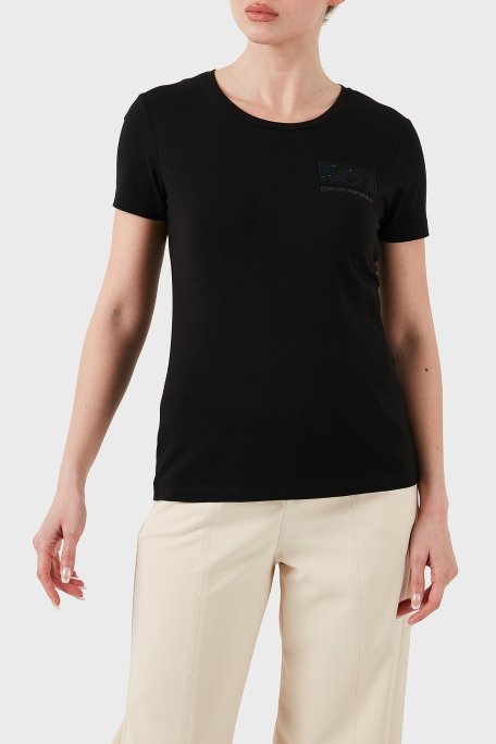 EA7 Taşlı Logolu Streç Pamuklu Regular Fit Yuvarlak Yaka Bayan T Shirt 7W000492 AF10373 UC001 SİYAH - 2