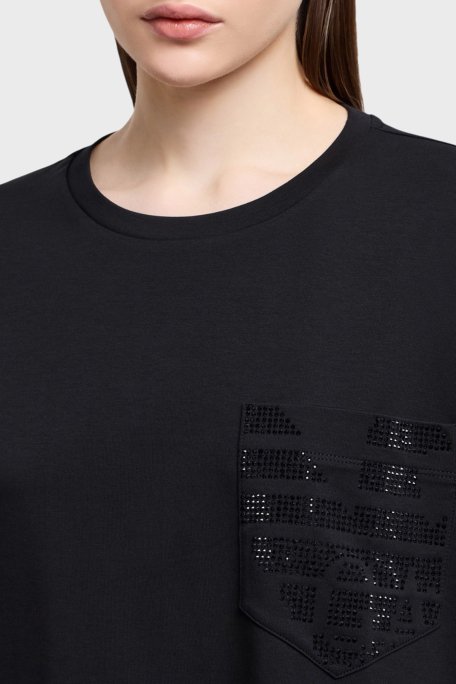 Emporio Armani % 100 Pamuk Oversize Fit Bisiklet Yaka Tek Cepli Bayan T Shirt EW000891 AF12545 UC001 SİYAH - 4
