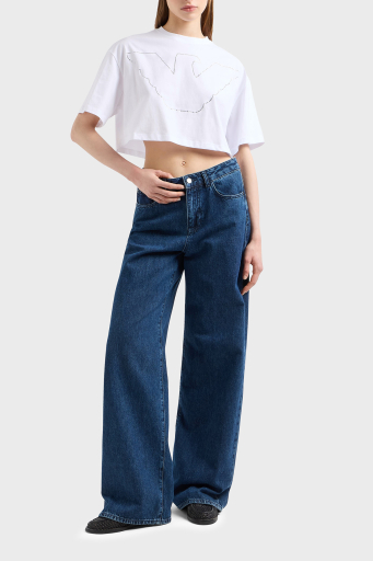 Emporio Armani % 100 Pamuk Regular Fit Bisiklet Yaka Crop Bayan T Shirt EW000897 AF12573 U0002 BEYAZ - 4