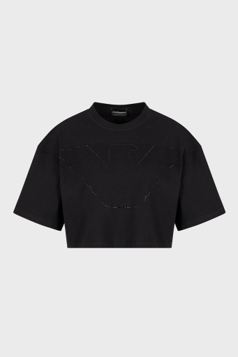 Emporio Armani % 100 Pamuk Taşlı Regular Fit Bisiklet Yaka Crop Bayan T Shirt EW000897 AF12573 UC001 SİYAH - 5