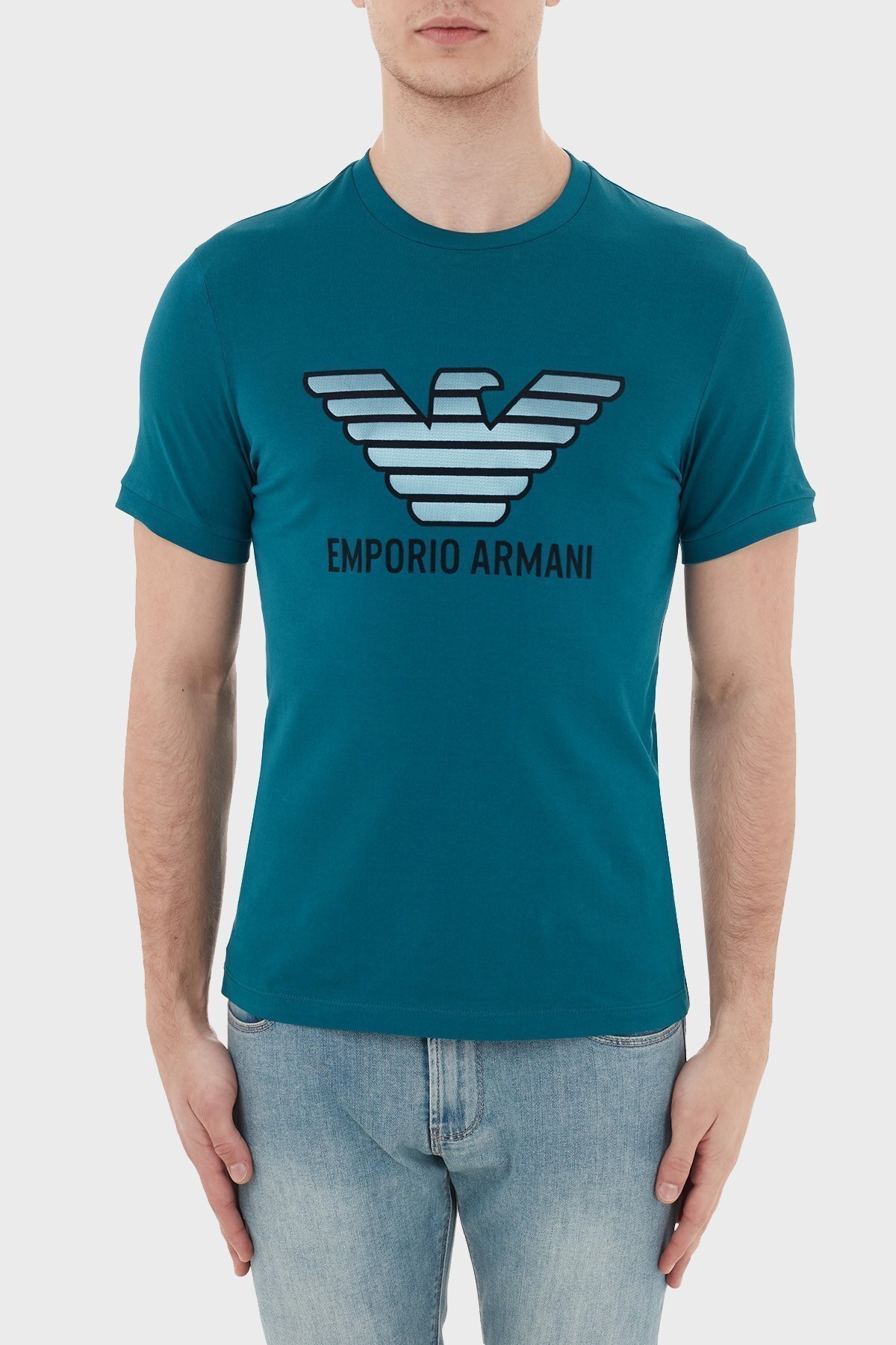 Emporio Armani % 100 Pamuklu Baskılı Bisiklet Yaka Erkek T Shirt 3H1T67 1J30Z 0955 PETROL