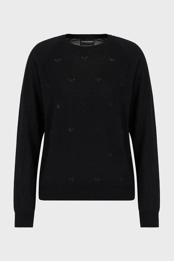 Emporio Armani % 100 Yün Regular Fit Biisklet Yaka Bayan Kazak 6D2MW1 2M15Z F036 SİYAH - 5