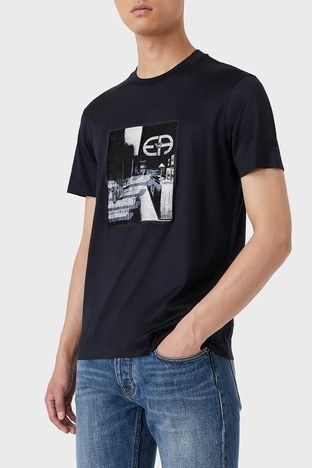 Emporio Armani - Emporio Armani Baskılı Pamuklu Slim Fit Erkek T Shirt 6K1TC8 1JUVZ 09D6 LACİVERT