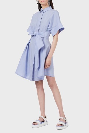 Emporio Armani - Emporio Armani Belden Bağlamalı % 100 Pamuk Mini Gömlek Bayan Elbise 3K2AA3 2N0FZ 0809 AÇIK MAVİ