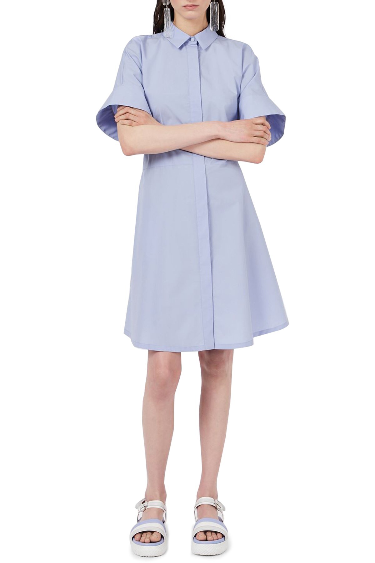 Emporio Armani Belden Bağlamalı % 100 Pamuk Mini Gömlek Bayan Elbise 3K2AA3 2N0FZ 0809 AÇIK MAVİ