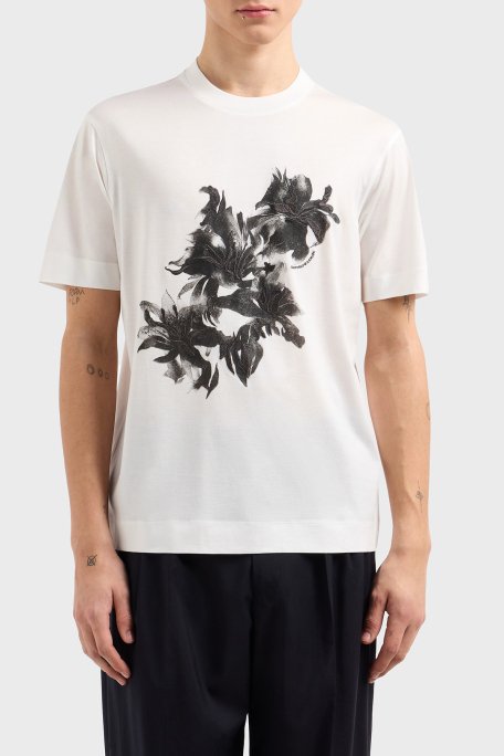 Emporio Armani Çiçek Baskılı Pamuklu Regular Fit Bisiklet Yaka Erkek T Shirt EM001024 AF10017 U0003 BEYAZ - 1
