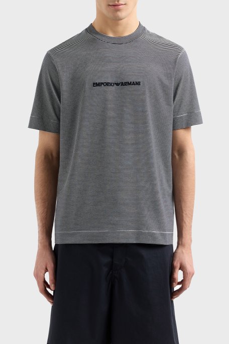 Emporio Armani Çizgili % 100 Pamuk Regular Fit Sıfır Yaka Erkek T Shirt EM000824 AF12927 F0088 LACİVERT-BEYAZ - 1