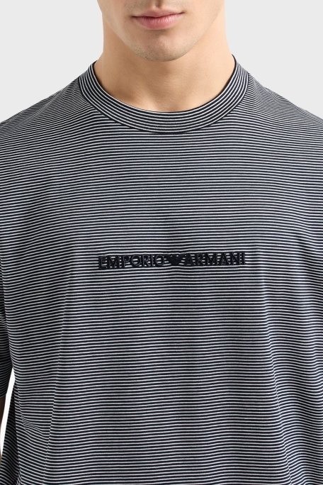 Emporio Armani Çizgili % 100 Pamuk Regular Fit Sıfır Yaka Erkek T Shirt EM000824 AF12927 F0088 LACİVERT-BEYAZ - 4