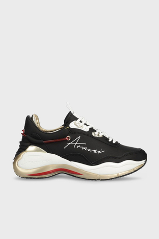 Emporio Armani - Emporio Armani Hakiki Deri Sneaker Bayan Ayakkabı X3X173 XN759 M700 SİYAH-GOLD