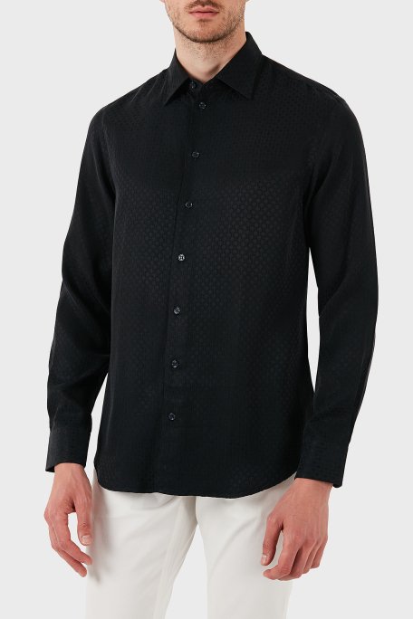 Emporio Armani İpek ve Pamuk Karışımlı Regular Fit Kendinden Desenli Erkek Gömlek EM000081 AF15434 U8136 SİYAH - 7