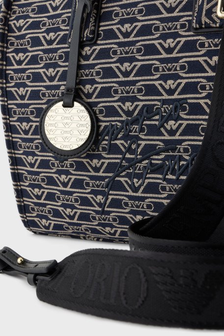 Emporio Armani Jakarlı Logo Baskılı Çıkarılabilir Askılı Medium Bayan Çanta EW000370 AF12993 FB237 EKRU-LACİVERT - 5