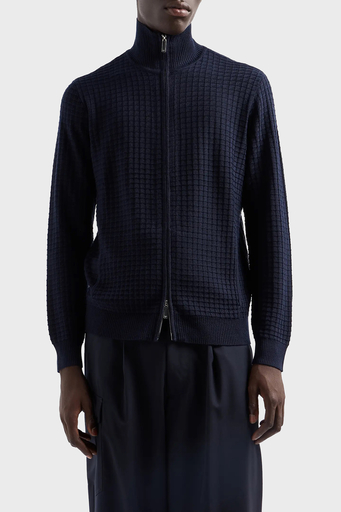 Emporio Armani Kabartmalı Yün Karışımlı Regular Fit Dik Yaka Örme Erkek Hırka 6D1BY3 1MF4Z 0929 LACİVERT - 1