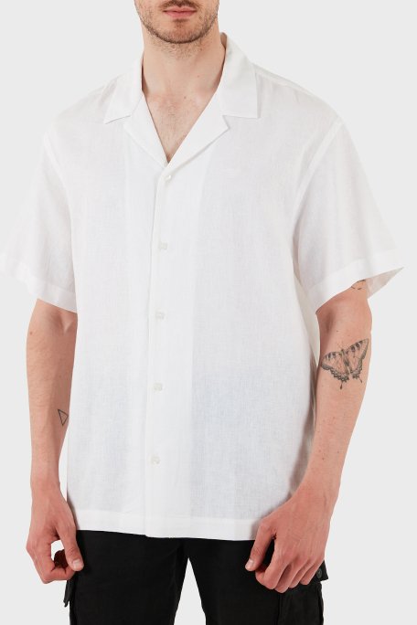 Emporio Armani Keten Karışımlı Regular Fit Kısa Kollu Apaş Yaka Erkek Gömlek EM000593 AF12356 U0002 BEYAZ - 1