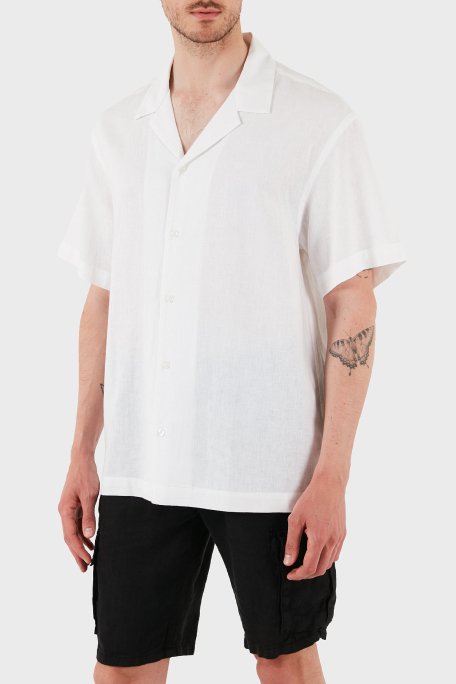Emporio Armani Keten Karışımlı Regular Fit Kısa Kollu Apaş Yaka Erkek Gömlek EM000593 AF12356 U0002 BEYAZ - 2