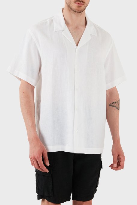 Emporio Armani Keten Karışımlı Regular Fit Kısa Kollu Apaş Yaka Erkek Gömlek EM000593 AF12356 U0002 BEYAZ - 4