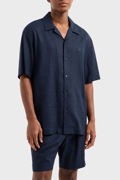 Emporio Armani Keten Karışımlı Regular Fit Kısa Kollu Apaş Yaka Erkek Gömlek EM000593 AF12356 UB102 LACİVERT - 5