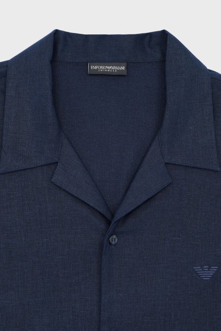 Emporio Armani Keten Karışımlı Regular Fit Kısa Kollu Apaş Yaka Erkek Gömlek EM000593 AF12356 UB102 LACİVERT - 7