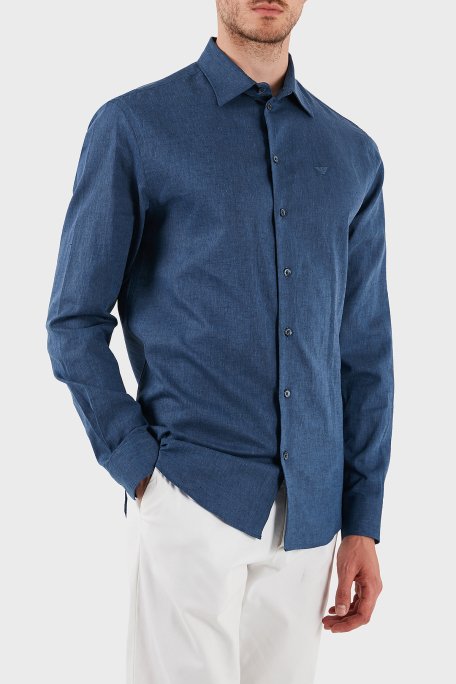 Emporio Armani Keten Karışımlı Regular Fit Klasik Yaka Erkek Gömlek EM000099 TE14112 OB006 LACİVERT - 2
