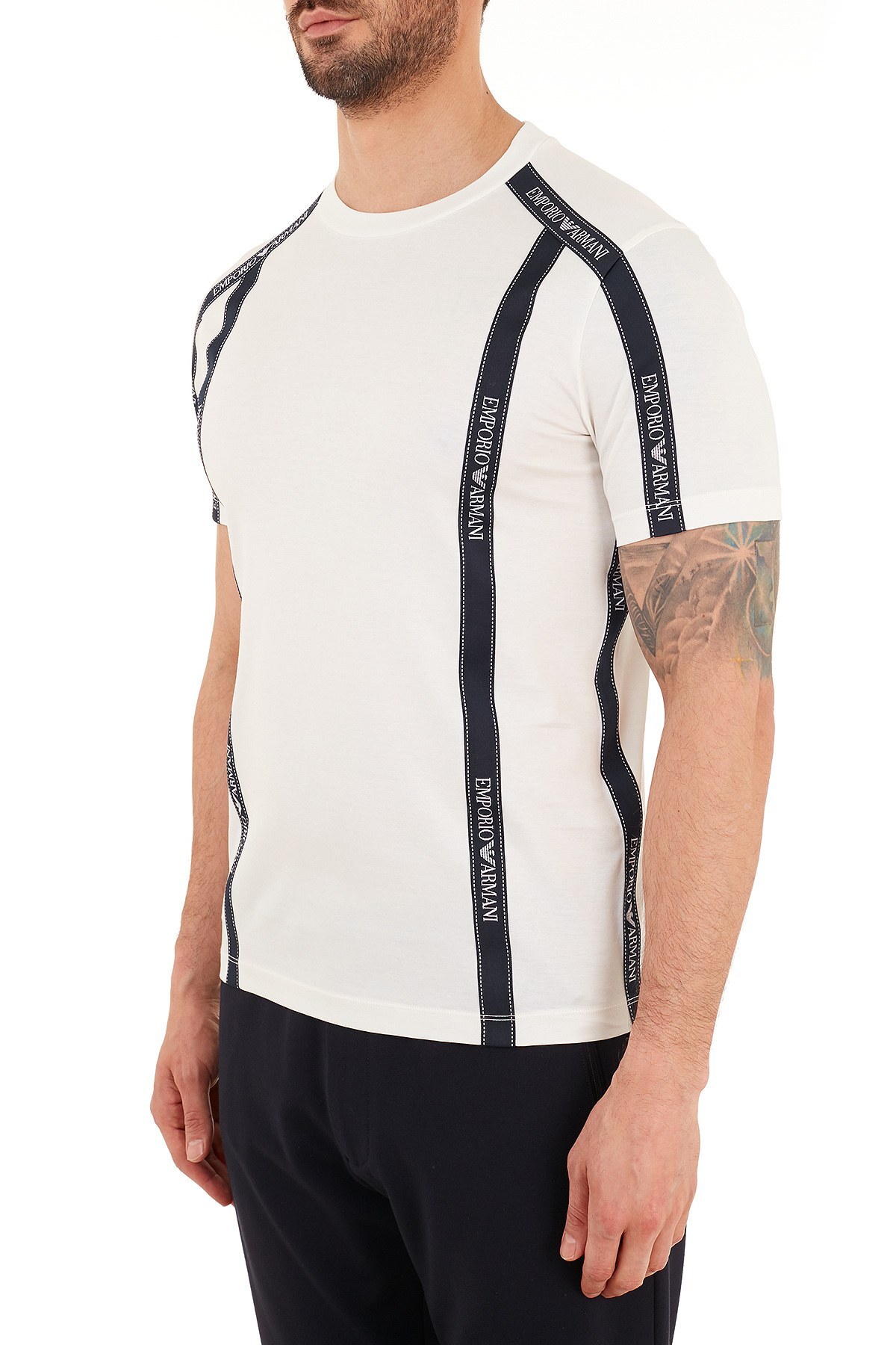 Emporio Armani Logo Bantlı Bisiklet Yaka % 100 Pamuk Erkek T Shirt S 6H1TG4 1JTUZ 0101 BEYAZ