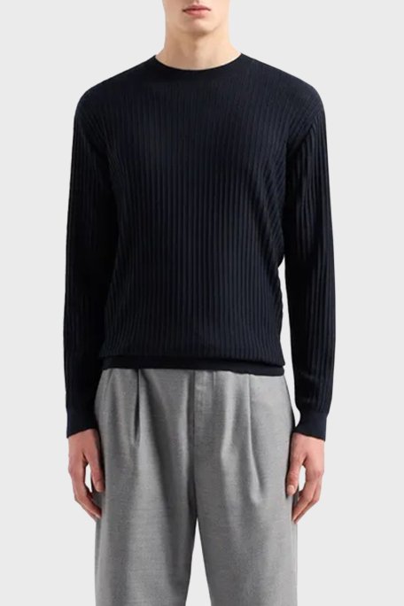 Emporio Armani Logolu % 100 Yünlü Slim Fit Erkek Kazak EM000130 AF10460 UB118 LACİVERT - 1
