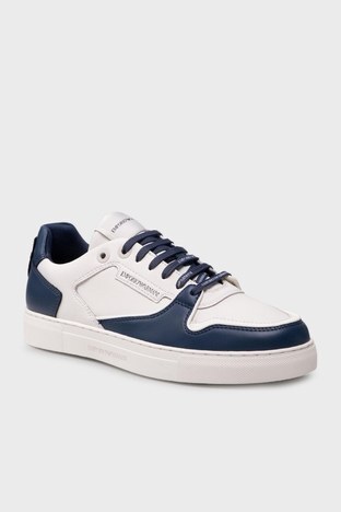 Emporio Armani - Emporio Armani Logolu Deri Sneaker Erkek Ayakkabı X4X549 XN185 Q814 Kırık Beyaz-Lacivert (1)