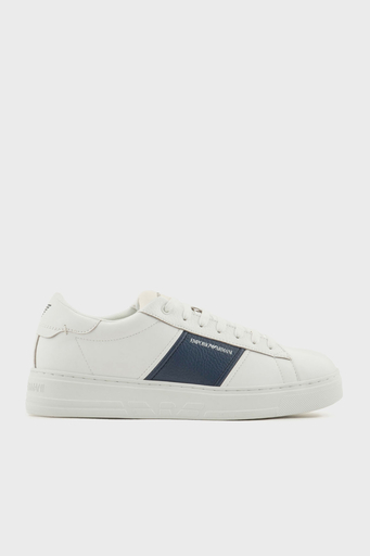Emporio Armani Logolu Hakiki Deri Kalın Tabanlı Sneaker Erkek Ayakkabı X4X570 XN840 T849 BEYAZ-LACİVERT - 1