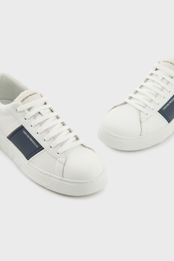 Emporio Armani Logolu Hakiki Deri Kalın Tabanlı Sneaker Erkek Ayakkabı X4X570 XN840 T849 BEYAZ-LACİVERT - 4