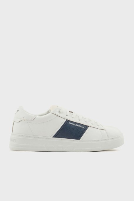 Emporio Armani Logolu Hakiki Deri Kalın Tabanlı Sneaker Erkek Ayakkabı X4X570 XN840 T849 BEYAZ-LACİVERT - 1