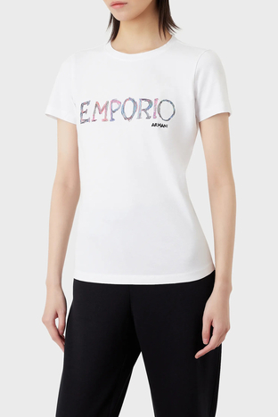 Emporio Armani - Emporio Armani Pamuklu Baskılı Slim Fit Bisiklet Yaka Bayan T Shirt 3R2T7B 2J07Z 0100 BEYAZ