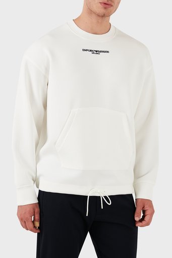 Emporio Armani Regular Fit Kanguru Cep Bisiklet Yaka Logolu Erkek Sweat 6D1MC1 1JRRZ 0101 BEYAZ - 4