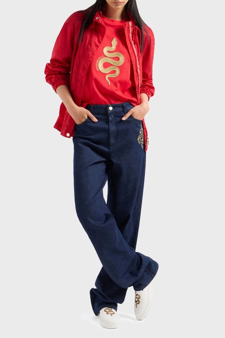 Emporio Armani Regular Fit Orta-Yüksek Bel Geniş Paça İşlemeli Jeans Bayan Kot Pantolon EW000736 AF12436 MB001 LACİVERT - 1