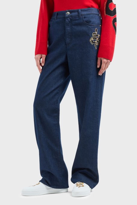 Emporio Armani Regular Fit Orta-Yüksek Bel Geniş Paça İşlemeli Jeans Bayan Kot Pantolon EW000736 AF12436 MB001 LACİVERT - 2