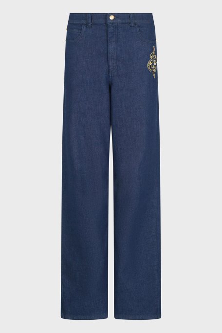 Emporio Armani Regular Fit Orta-Yüksek Bel Geniş Paça İşlemeli Jeans Bayan Kot Pantolon EW000736 AF12436 MB001 LACİVERT - 5