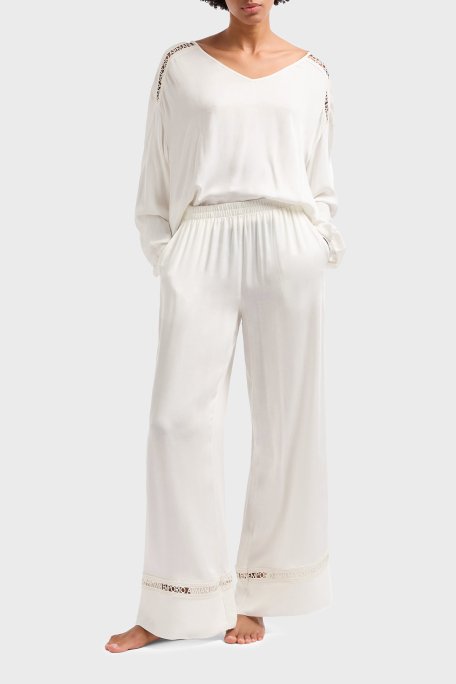 Emporio Armani Relaxed Fit Bol Paça Logo Dantelli Bayan Pantolon EW000790 AF12188 U1131 BEYAZ - 1