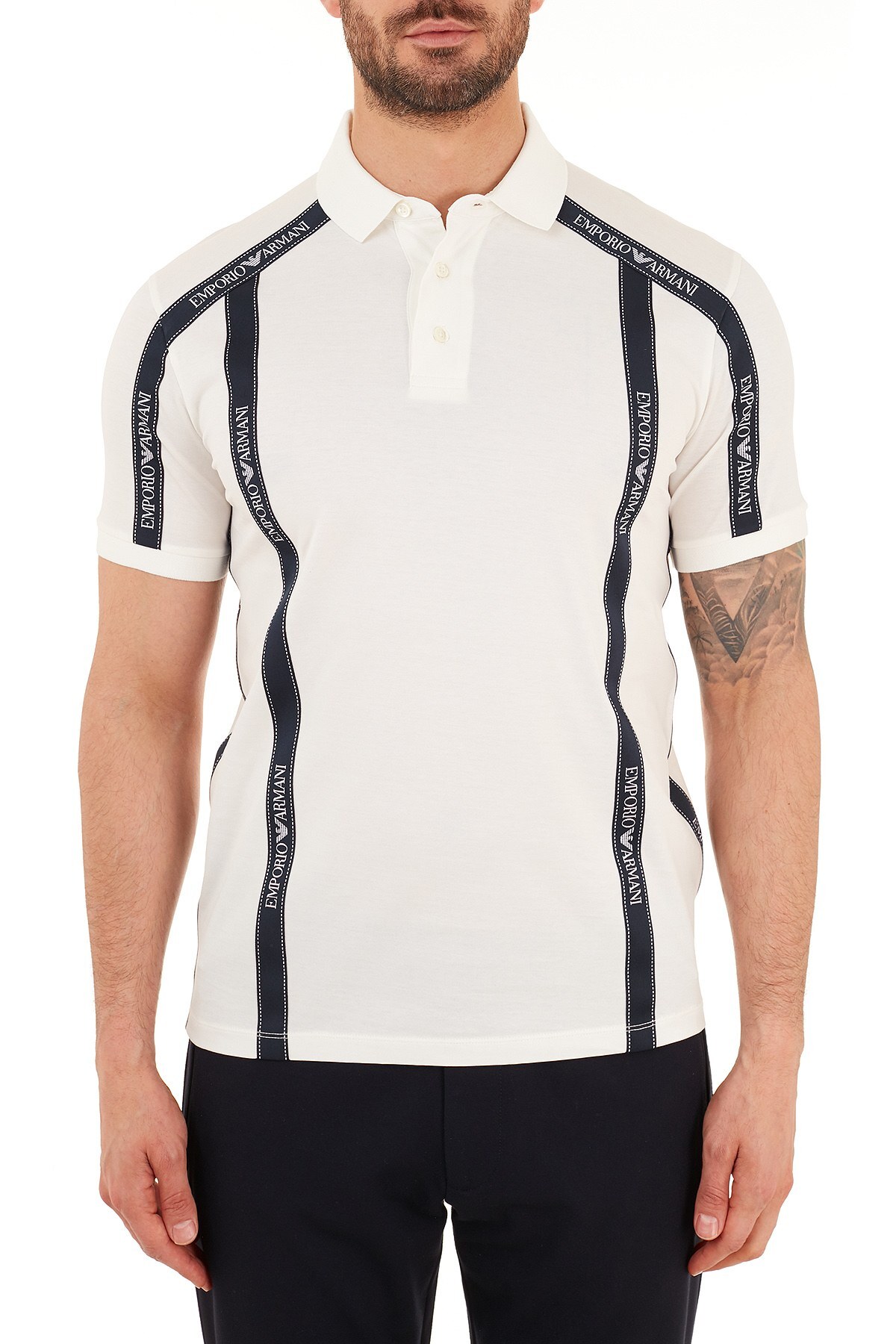 Emporio Armani Şerit Detaylı % 100 Pamuk Düğmeli T Shirt Erkek Polo S 6H1FE4 1JTUZ 0101 BEYAZ