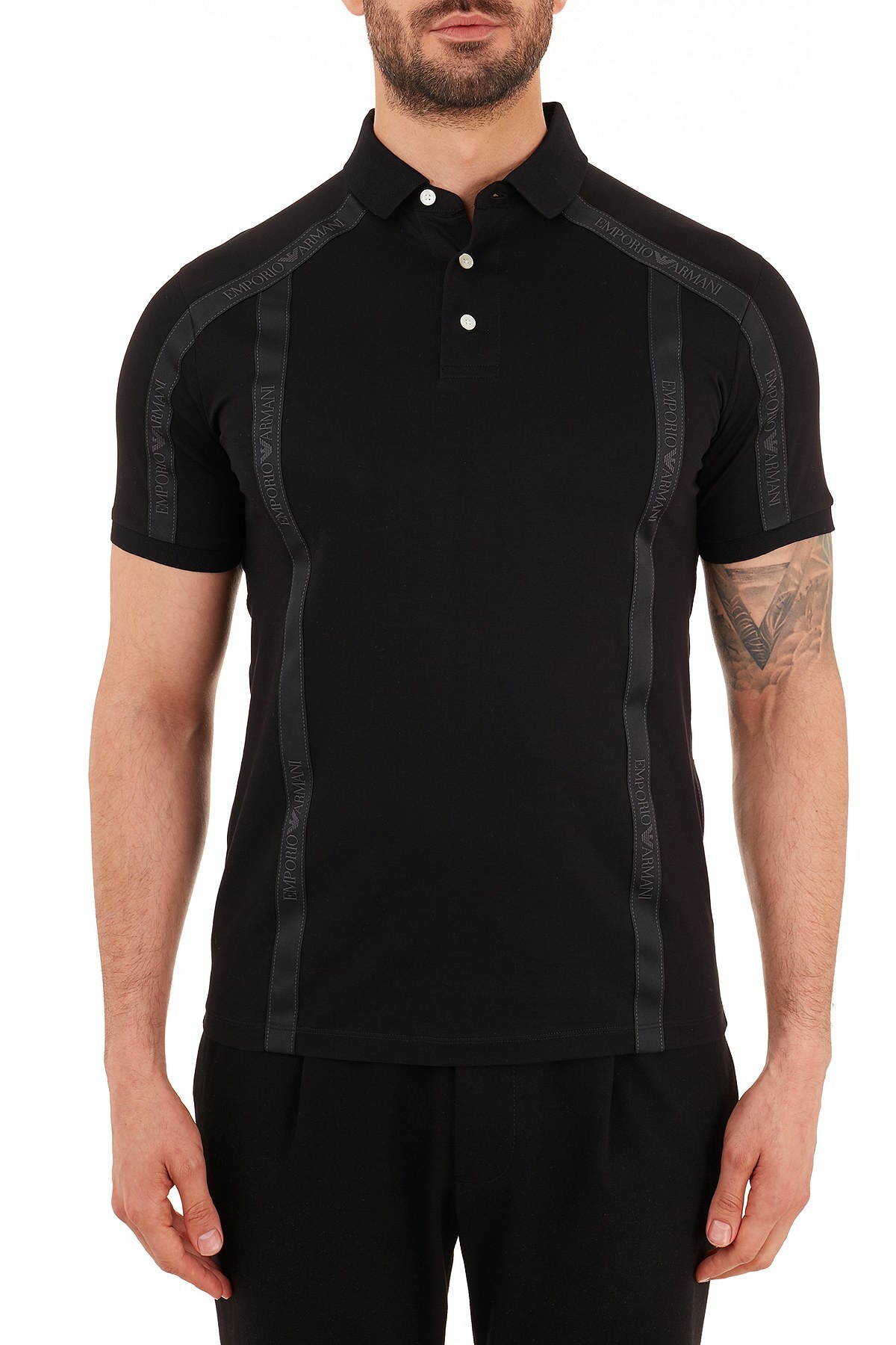 Emporio Armani Şerit Detaylı % 100 Pamuk Düğmeli T Shirt Erkek Polo S 6H1FE4 1JTUZ 0999 SİYAH
