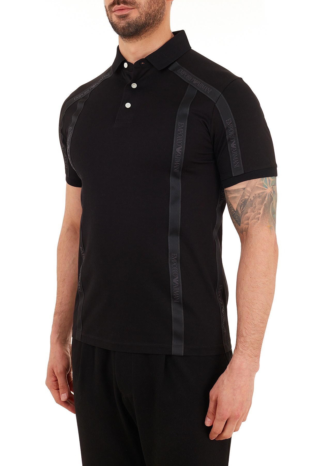 Emporio Armani Şerit Detaylı % 100 Pamuk Düğmeli T Shirt Erkek Polo S 6H1FE4 1JTUZ 0999 SİYAH