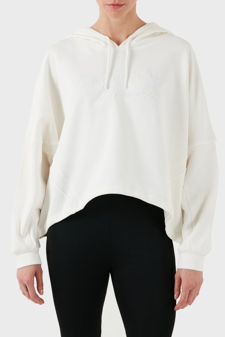 Emporio Armani Streç Pamuklu Boyfirend Fit Kapüşonlu Bayan Sweat 6D2M7F 2J49Z 0101 BEYAZ - 1